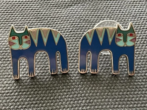 vintage Laurel Burch "Magicat" post earrings Blue Enamel Estate Costume Jewelry