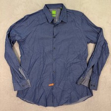 Hugo Boss Men XL Modern Fit Blue Geometric Micro Print Cotton Button Dress Shirt
