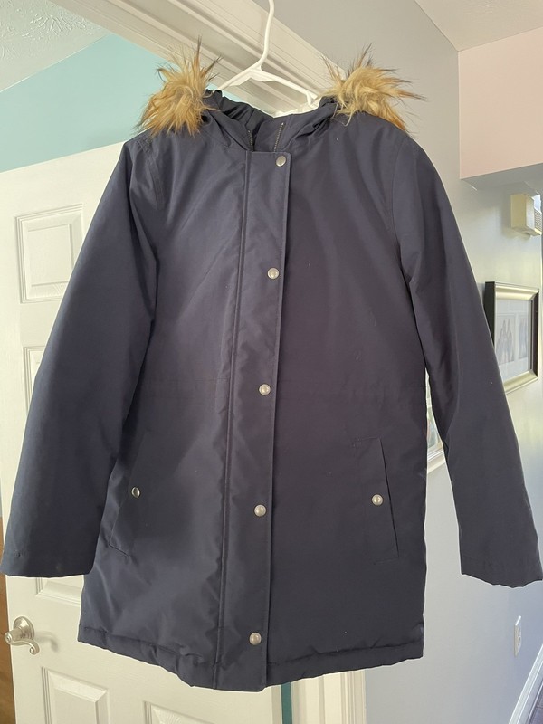 J. Crew Factory Faux Fur Trim Winter Parka Navy Zip Button Hooded Coat Size S 