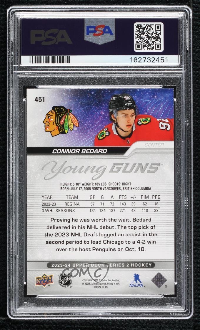 2023-24 Upper Deck Series 2 Young Guns Connor Bedard #451 PSA 9 MINT Rookie RC view 2