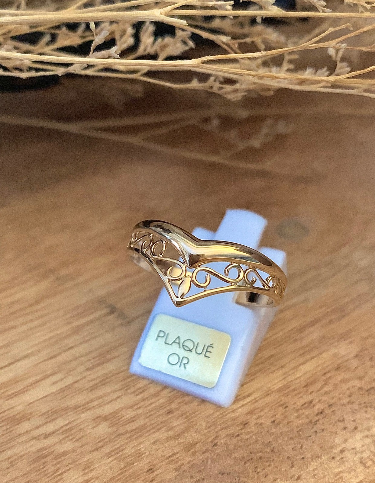 Bague ajourée en or plaqué ajustable de taille 50 à 68 pour doigts fins