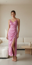 Pink Evening Dress Size 12 Satin Slip Wrap Ruched Date Night Party