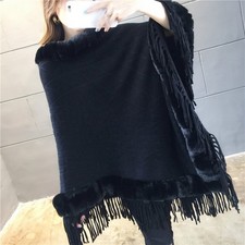 Women Faux Fur Poncho Cape Tassel Fringed Cloak Wrap Shrug Coat Jacquard Warm