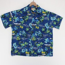 Vintage Hilo Hattie Hawaiian Shirt Mens L Blue Tropical Print Short Sleeve