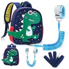 Toddler Backpack with Leash, Mini Dark Blue/Green Spotted Dino, Blue Link