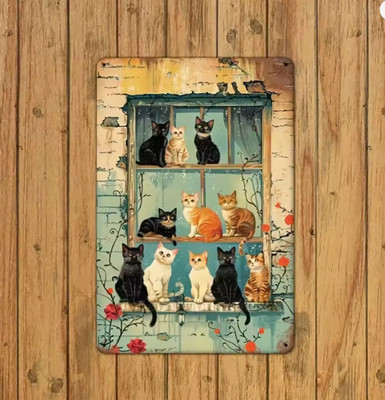 Unique Rustic Vintage Window Cat Summer Spring Metal Wall Sign Art 8x12