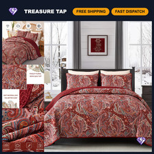 Boho Red Paisley Quilt Set King Size - 3 Piece Bedspread Coverlet for Cozy Decor