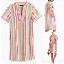 J. Crew Size SMALL Short-sleeve Cotton Linen Blend Dress Rainbow Stripe Coastal