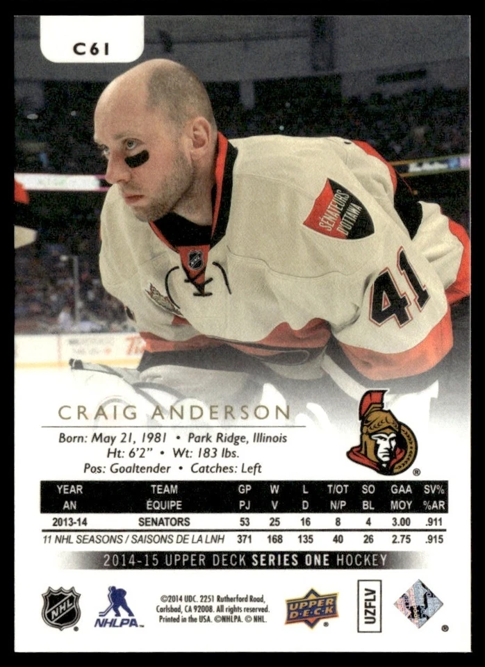 2014-15 Upper Deck UD Canvas Craig Anderson Ottawa Senators #C61 - Image 2 of 2