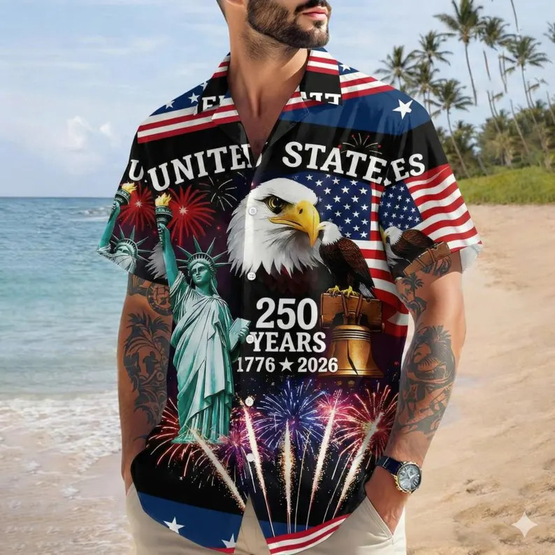 USA Patriotic Eagle Hawaii Shirt American Flag Button Up Beach Aloha