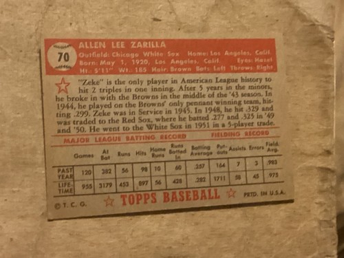 Topps Al Zarilla 1952 (espalda roja) #70 - casi como nuevo - excelentes esquinas - sin pliegues - - Imagen 2 de 2