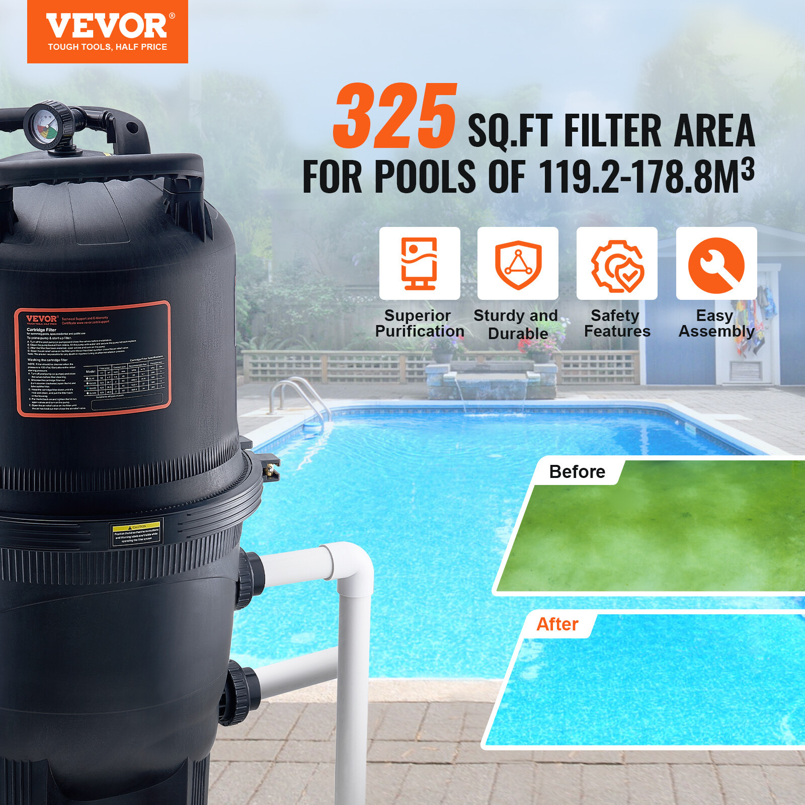 VEVOR Filtro De Cartucho Para Piscina Filtración Interior Piscina Enterrado 30M²