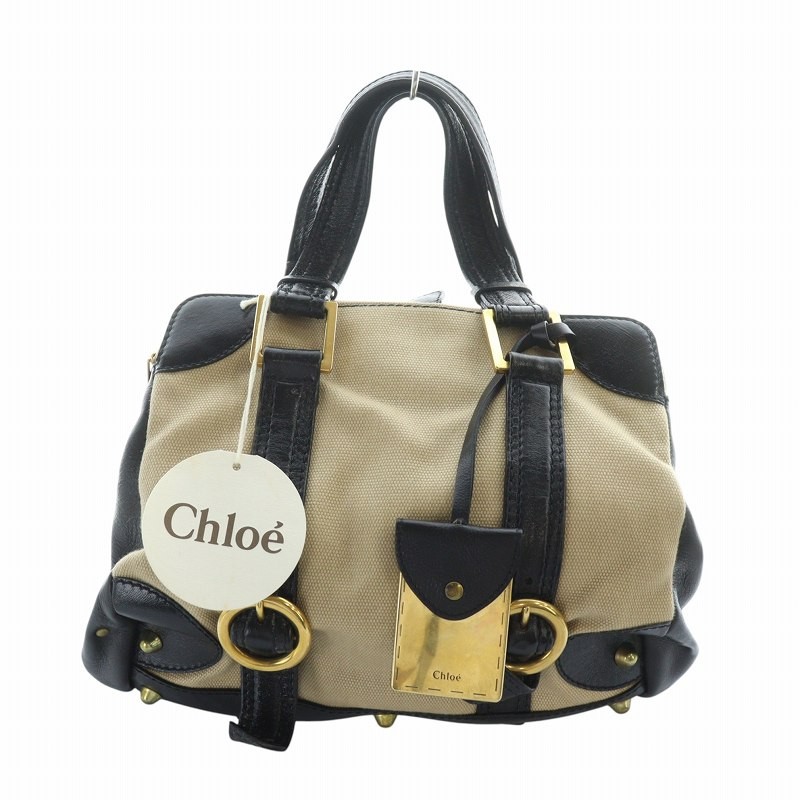 Chloe Logo Tote Handbag in Beige and Black Canvas Leather for Women