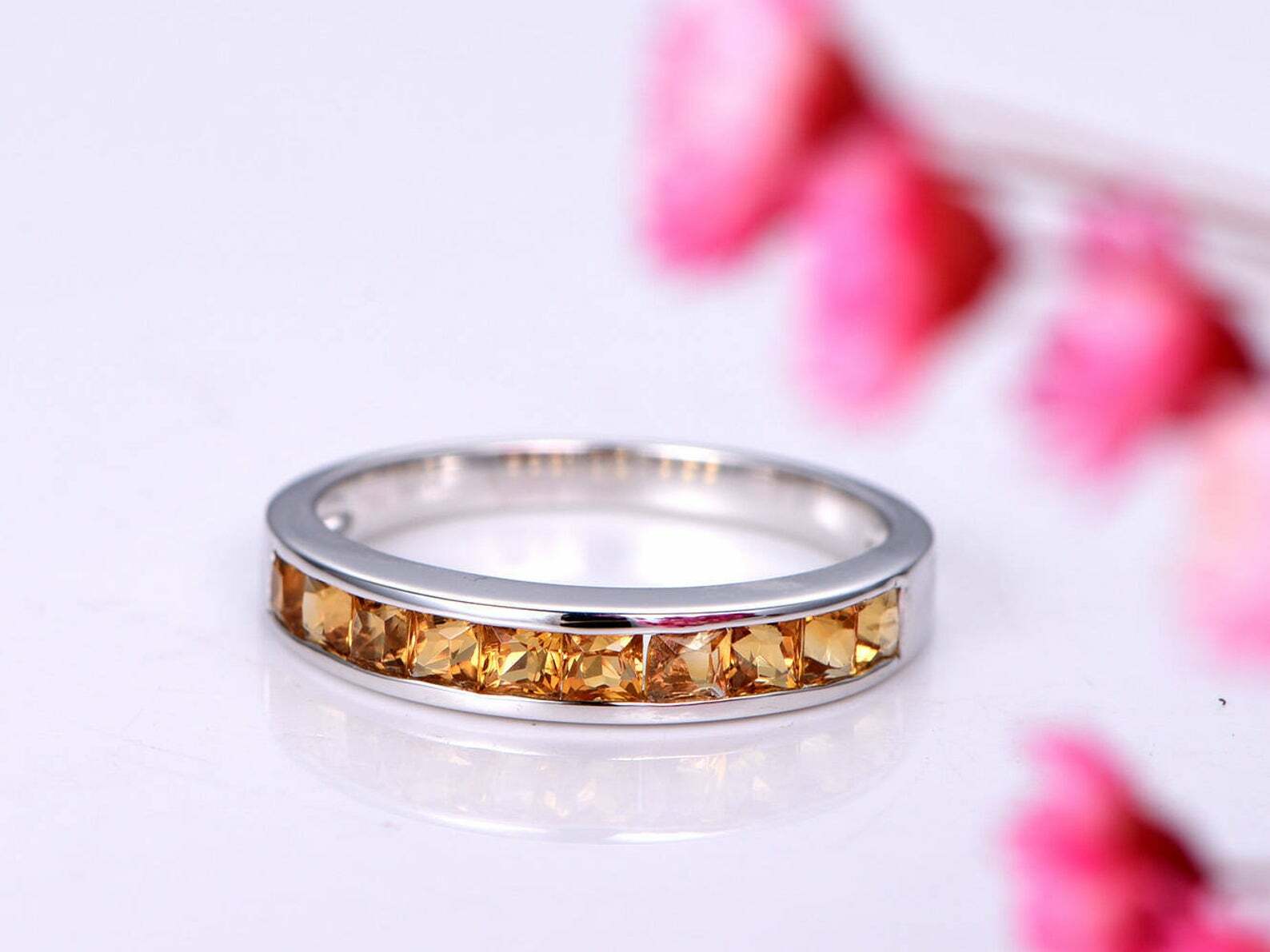 2ct Yellow Citrine Half Eternity Wedding Band Ring 925 Sterling Silver