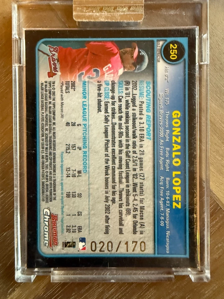 2003 Bowman Chrome GOLD REFRACTOR ROOKIE Gonzalo Lopez 250 20/170 Atlanta Braves - Image 2 of 2