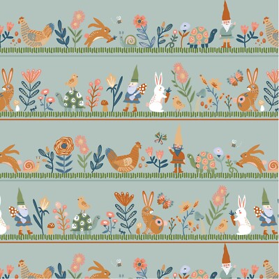 Poppie Cotton Fabric ~ Hide & Seek Honey I'm Gnome Border Stripe Green (HS23407)