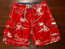J Crew Red White Palm Tree Beach 5 Pocket Mens 32 Cargo Swim Trunks Board Shorts