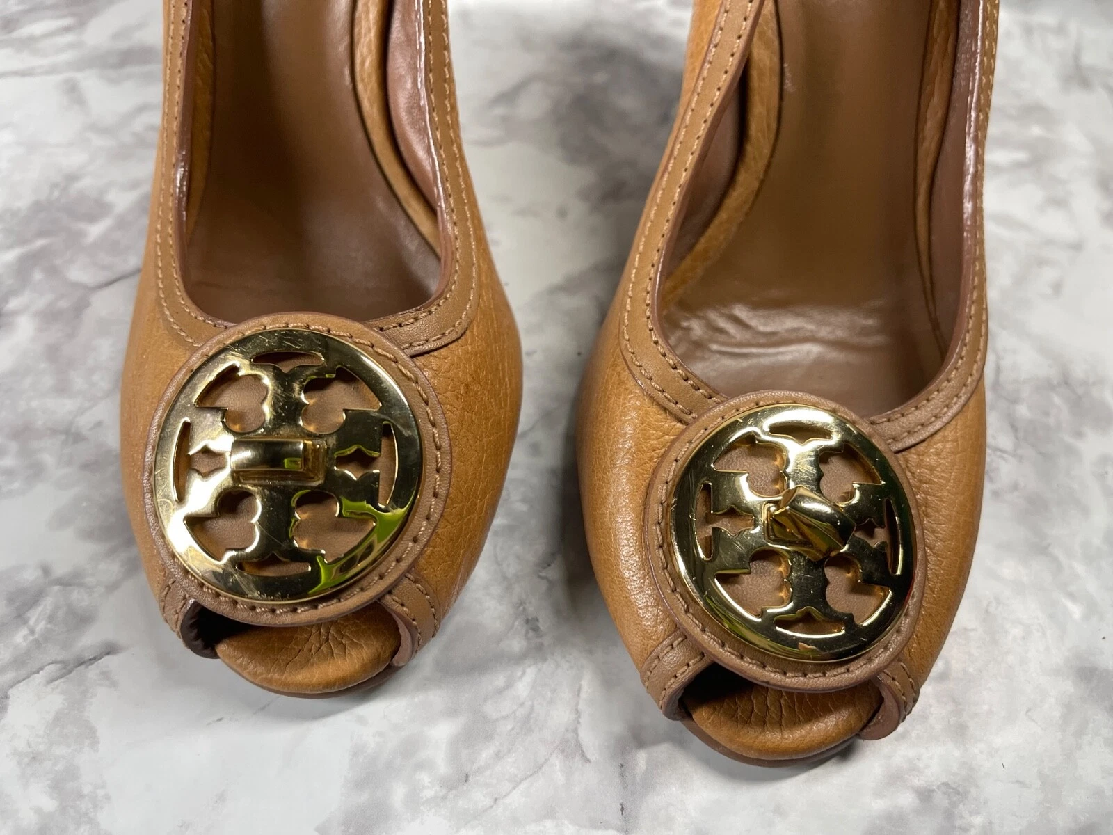 Scarpe Tory Burch tacco donna 7M Selma marrone oro pelle ciottoli zeppa punta aperta
