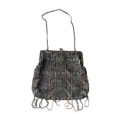Art Deco Nouveau 1920's Micro Bead Flapper Purse Black Multi Metal Frame