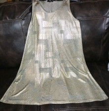 Metallic Gold Semi Formal Holiday Dress LARGE Sleeveless Sheer Midi Flare Stretc