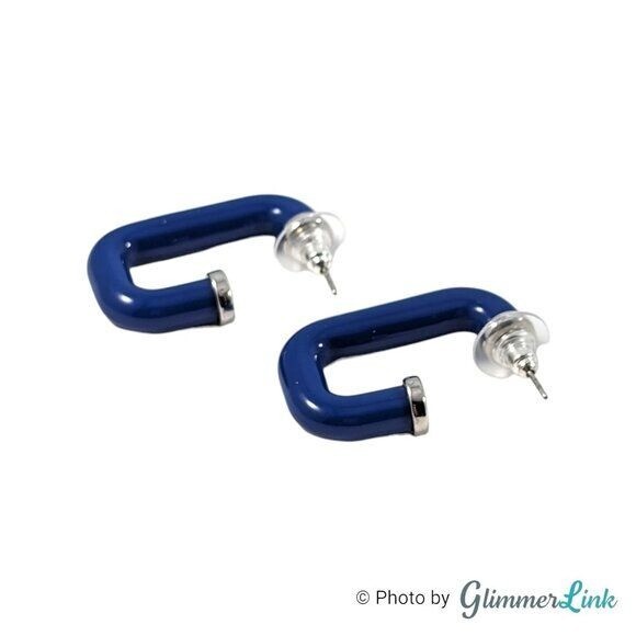 Geometric Blue Rectangular Open Hoop Silver Tone … - image 6