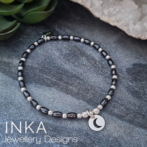 Inka 925 Sterling Silver & Hematite Stacking Bracelet with a MOON Charm - Picture 2 of 7