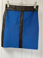 Bebe Back Zip Blue W/Black Faux Leather Trim Petite Mini Skirt Size SP