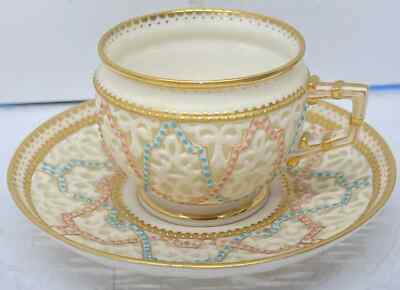 ANTIQUE WORCESTER GRAINGER PORCELAIN SMALL CUP & SAUCER Reticulated Double Wall