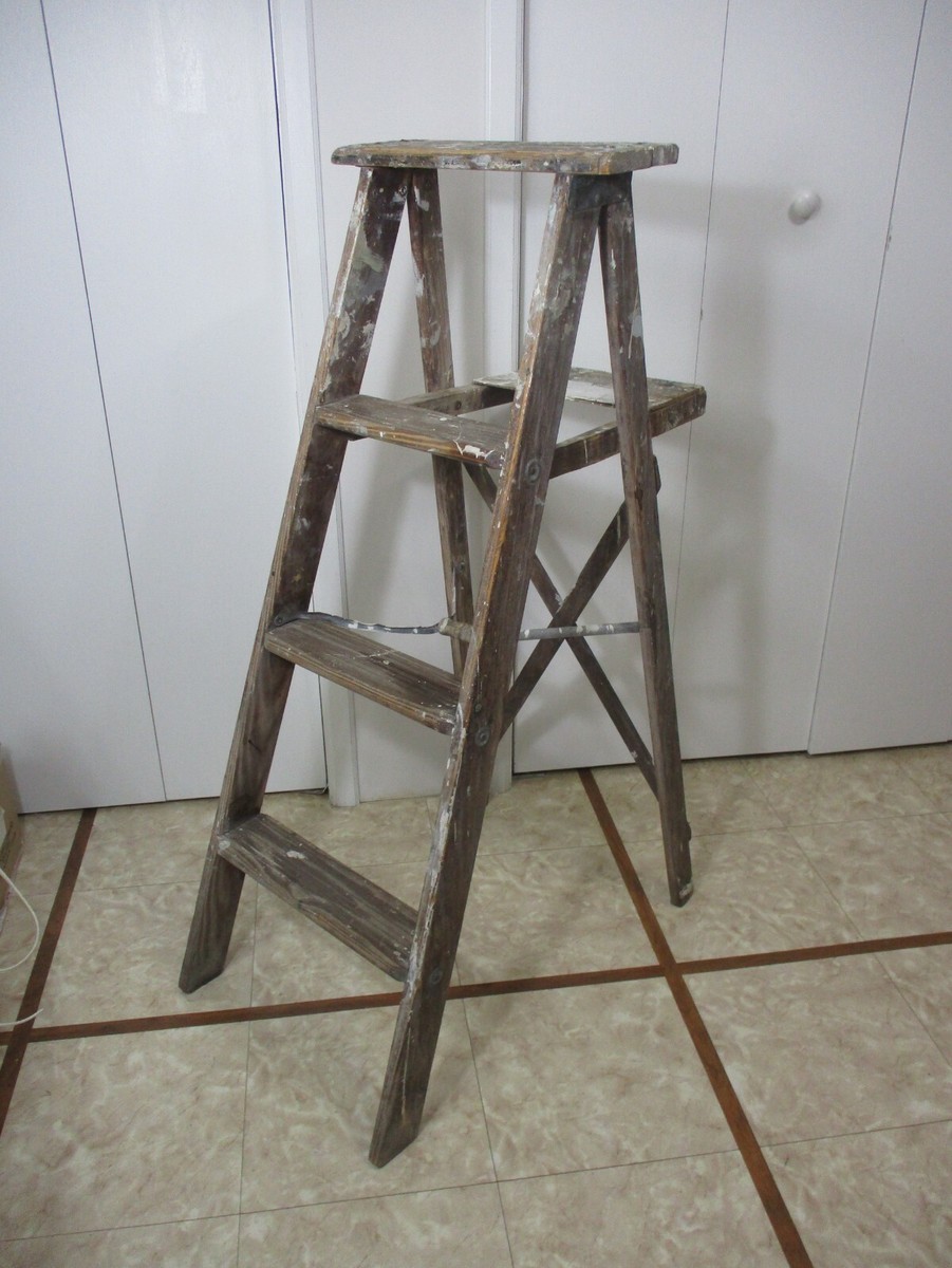 アンティーク雑貨 ladder Vintage Wooden 4 Step Ladder Rustic Primitive Paint Plant Stand w