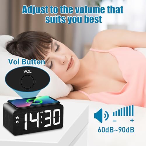 Wood Digital Alarm Clock with 10W Fast Wireless Charger, USB Charging Black - Picture 8 of 8
