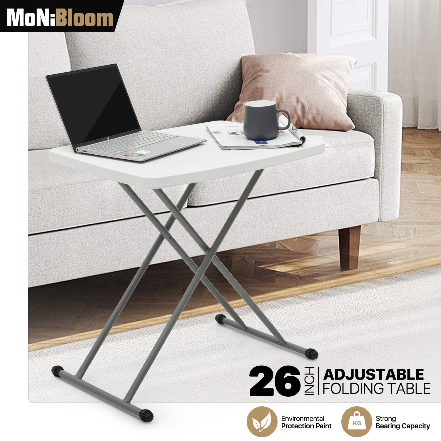 White Folding TV Tray Portable Adjustable Height Sofa Bed Si