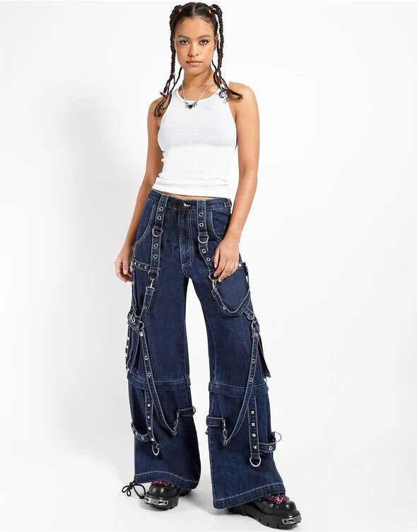 Goth Cargo Pants with Straps, Denim Punk Emo Pants with