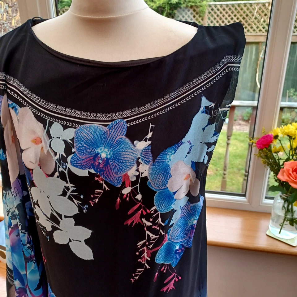 Lipsy Black Blue Floral Chiffon Asymmetric Dress 14 Floaty Scarf One Sleeve - Image 3 of 4