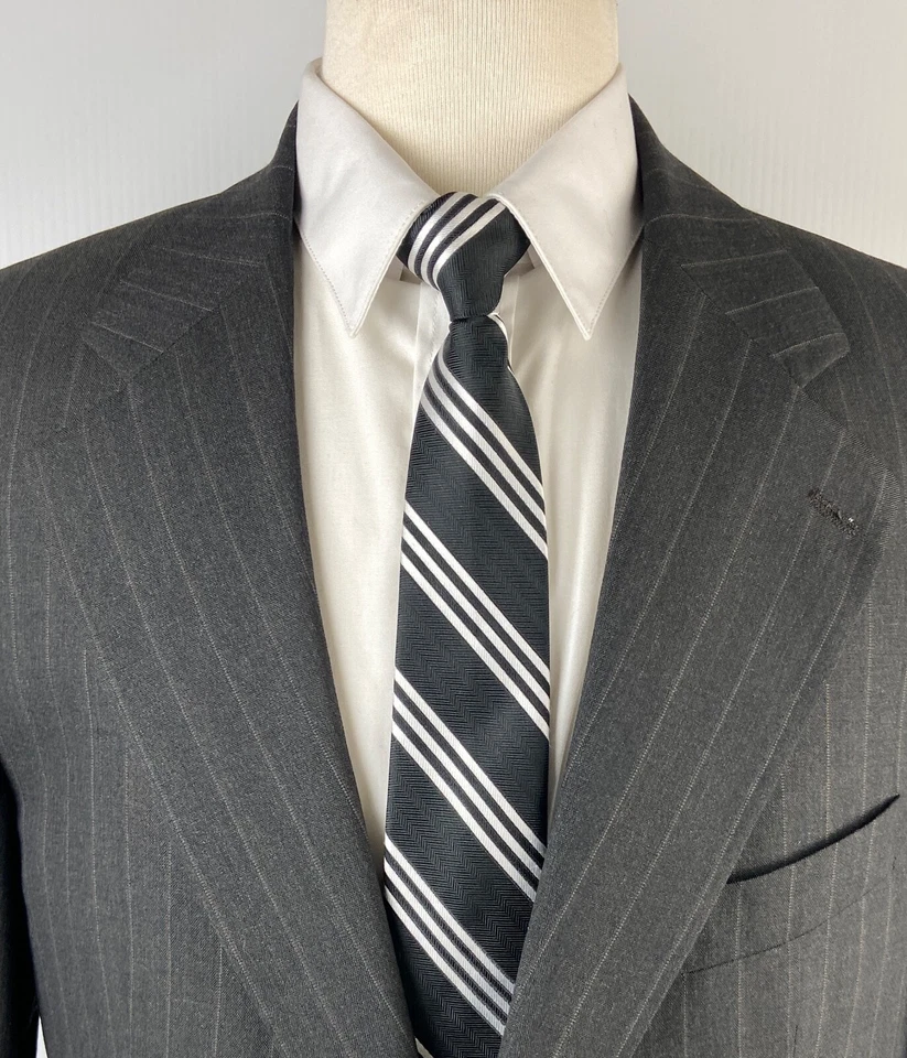 CHAPS RALPH LAUREN Mens 40S Gray Stripe Canada Wool 2 Piece Suit W/ Pants 34x27 - Image 3 of 4