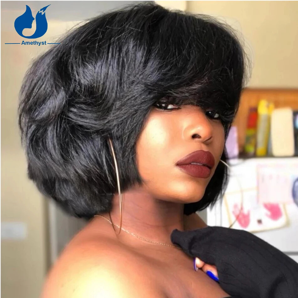 Short Yaki Wave Bob Human Hair Wigs with Bangs Full Machine O