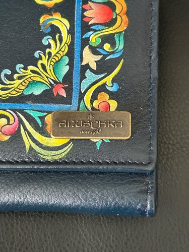 Anuschka RFID Tri-fold Handpainted Leather Wallet Navy Pink Tulip Floral NWT - Picture 3 of 9