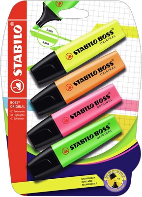 Textmarker - STABILO BOSS ORIGINAL - 4ERer Pack - grün, rosa, orange, gelb