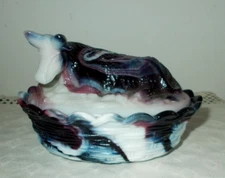 VINTAGE L.G. WRIGHT COW ON NEST PURPLE*RASPBERRY*BLUE SLAG GLASS~PERFECT!!!