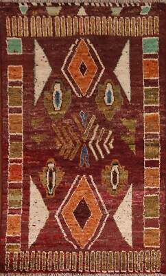 Burgundy Tribal Moroccan Handmade Geometric Rug 4'x6' Wool Oriental Carpet