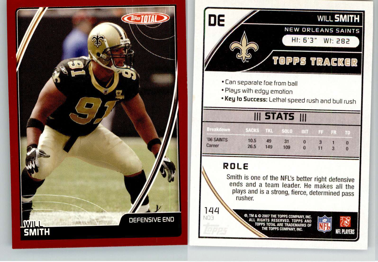 Will Smith 2007 Topps Total Red #144 Saints