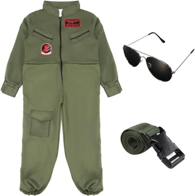 Girls Fighter Pilot Costume - Kids Air Force Flight Dress With Sunglasses & Dog Tag