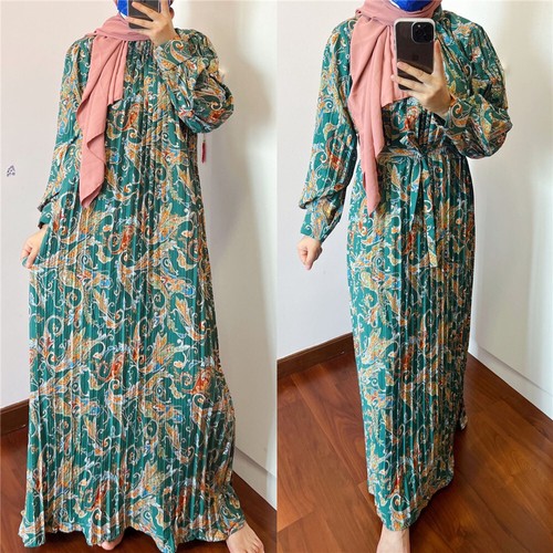 Damen Druck Maxikleid Plissee Kaftan Muslim Abaya Islamisch Jilbab Robe Ramadan - Bild 2 von 15