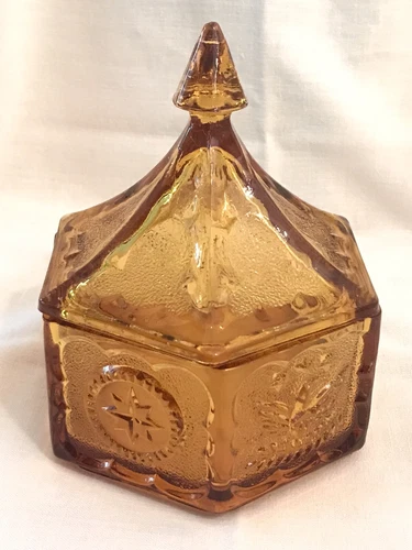 Vintage Tiara, Amber Indiana Depression glass Eagle & Star pattern Candy Dish.