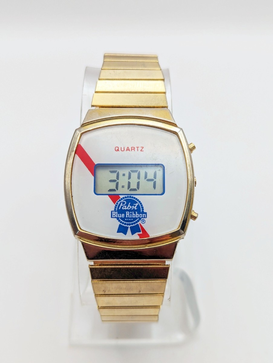 Vintage RARE 1980s Digital Pabst Blue Ribbon Watch Gold Tone Beer