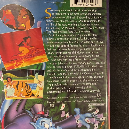 Walt Disney's Aladdin (VHS, 1993) RARE- BLACK DIAMOND EDITION, The Classics - Picture 4 of 4