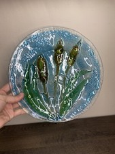 Fused Glass Cat Tails Plate Bowl Art 9.5”Textured Decorative Blue Green Brown
