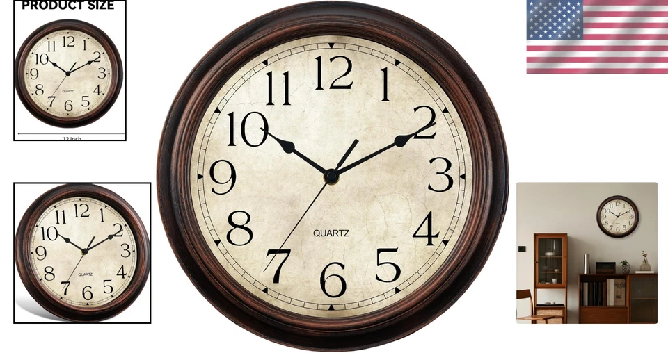 Шикарные бесшумные часы 12 дюймов - винтажный бронзовый настенный декор для внутреннего/наружного использования - Изображение 2 из 4