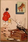 1902 Tiger Zodiac New Year Embossed Postcard Boy & Tiger Japan #3070