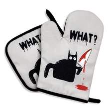, What? Funny Silicone Non-Slip Oven Mitts and Pot Holders Sets of 2, Cat Ove...