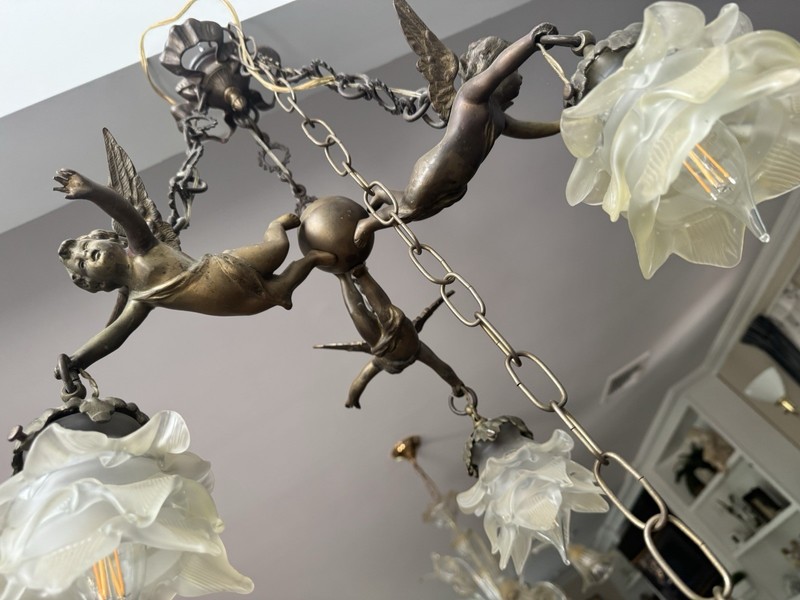 3 Arm Dark Vintage Antique French CHERUBS Putti CHANDELIER Bronze Original